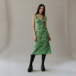 Pretty Garbage ✦ Heart Mesh Green Midi Dress ✦ Halter Neck Sheer Overlay M NWT
